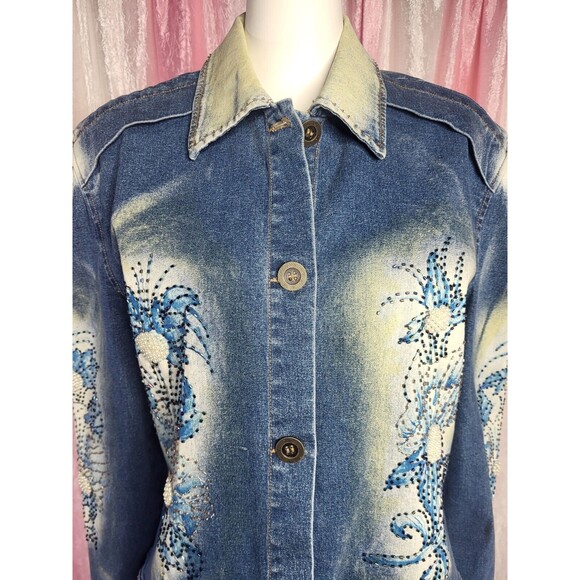 Vintage PJ Shernda Y2K Acid Wash Floral Beaded Pearl Jean Jacket Size Large - Picture 3 of 13